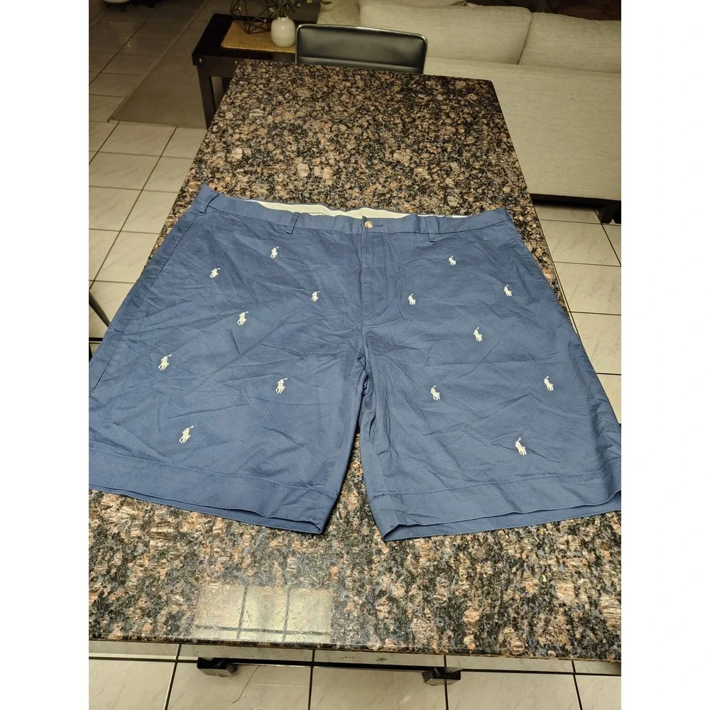 Polo Ralph Lauren Mens Navy Blue All Over Pony Logo Chino Shorts 44 Classic Fit